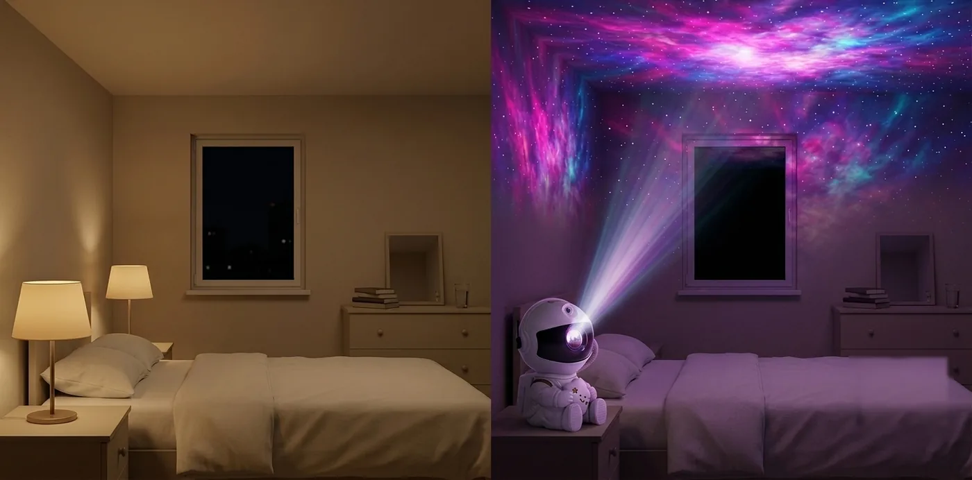 El mismo dormitorio antes con luz normal y después con la galaxia proyectada