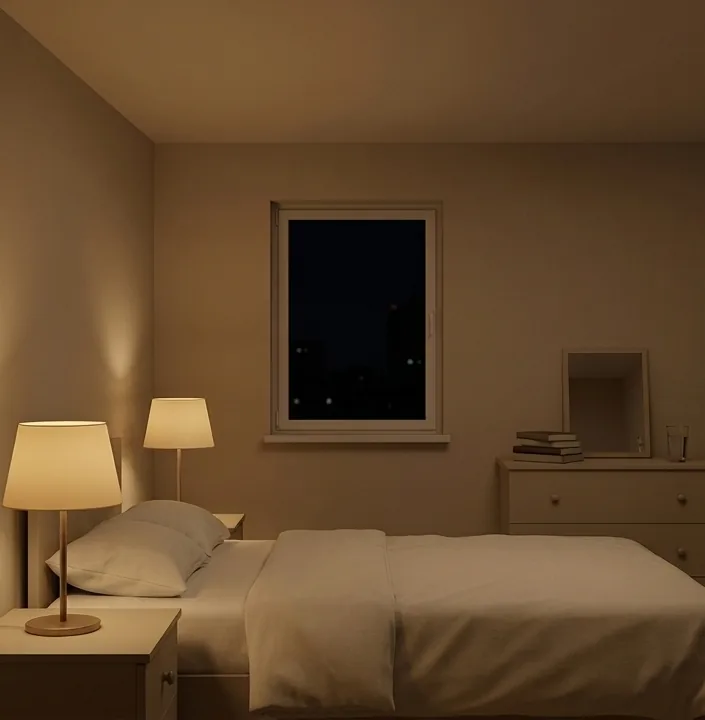 Dormitorio de noche con la lámpara de mesa encendida, techo blanco