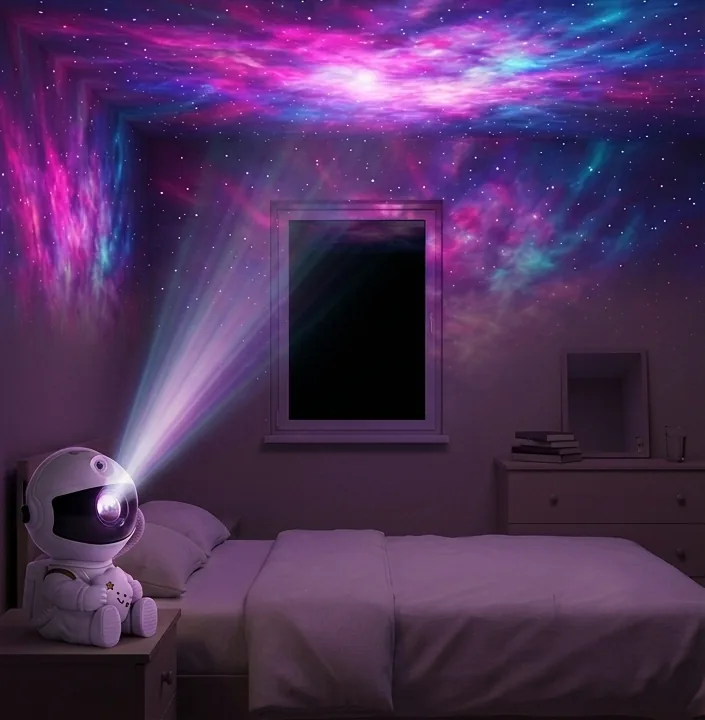 El mismo dormitorio con Nébula encendido: el techo cubierto de estrellas y nebulosas de colores
