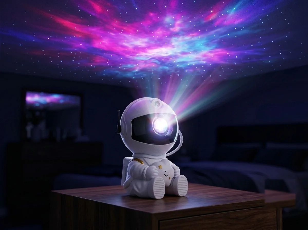 Proyector Nébula encendido sobre una mesita, proyectando una galaxia de colores en el techo de una habitación oscura
